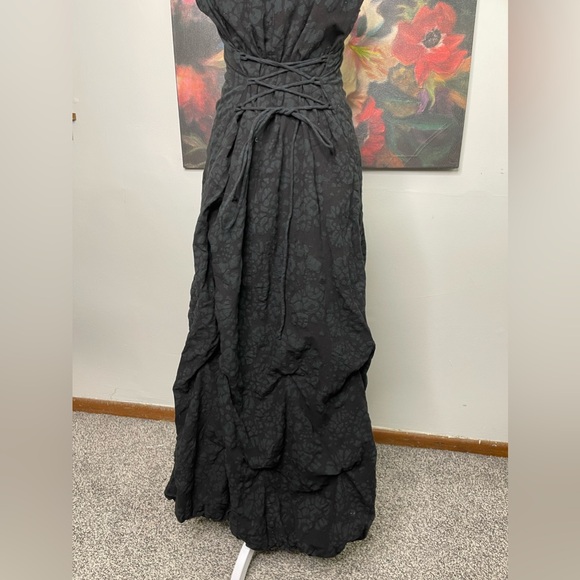 Vintage 1890s 1900s Black Goth Grunge Lace Up Corset Maxi Maid Textured Dress M - Picture 6 of 12